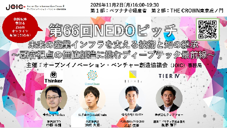 第66回NEDOピッチ　未来の産業インフラを支える技術と知の継承 ～顧客視点の価値創造に挑むディープテック最前線～ のご案内：サムネイル